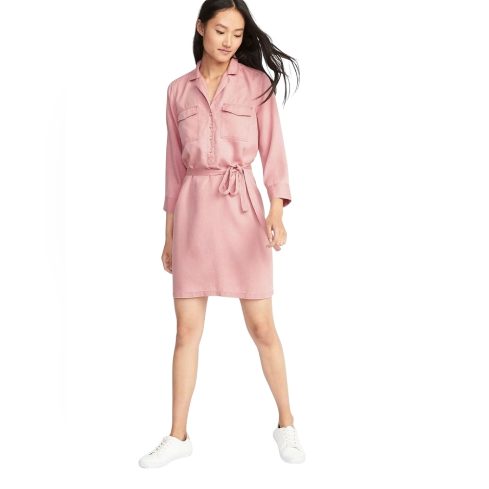 Old Navy Dusty Rose 3/4 Sleeve Shirt Dress w Belt and Pockets size Large